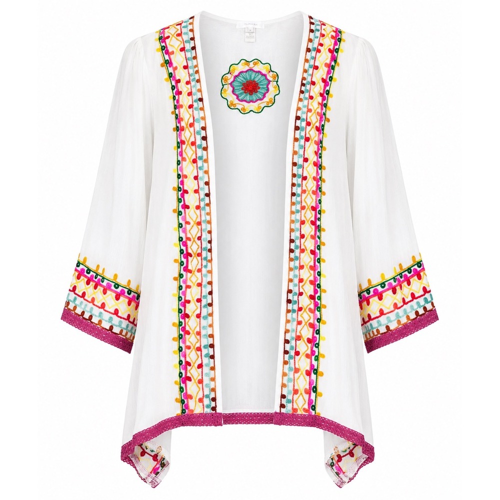 The Pink Box Kimono Cardigan Medium White Boho Embroidered Open Front Artisan